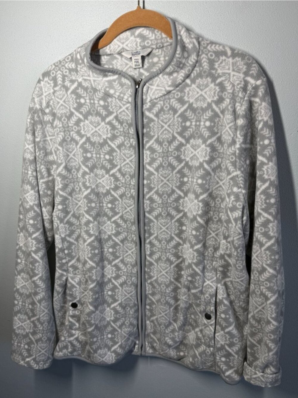 Croft & Barrow Womens Petite XXL Gray/White Fleece Full Zip Jacket Pockets Soft
